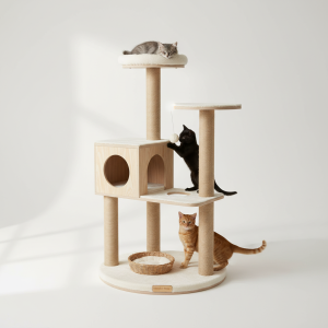 Piccolo tiragraffi compatto con palline di peluche e palo per graffiare – modello: “pawsplay”