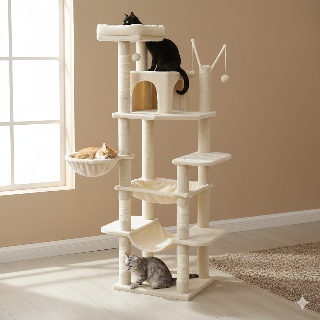 Tiragraffi multi-livello per gatti Maine Coon con pali per graffiare e amaca – modello: “felinekingdom” - immagine 2