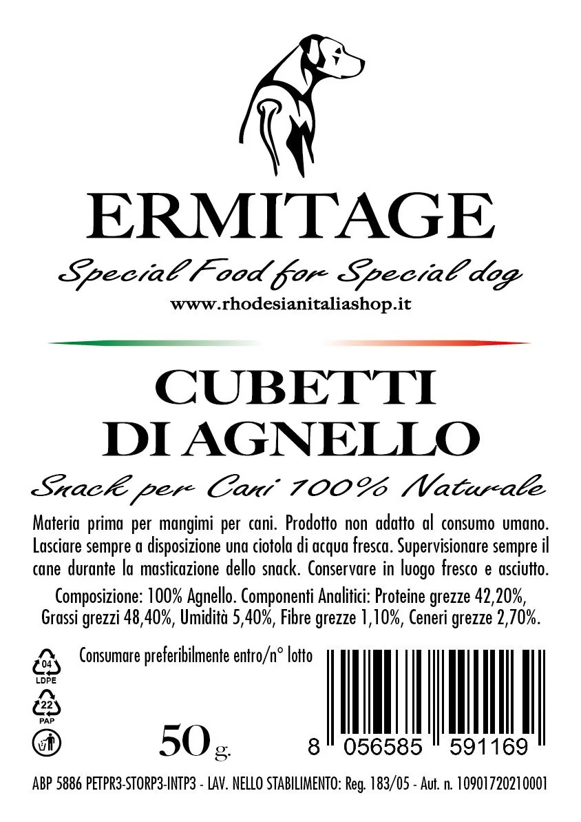CUBETTI DI PURO AGNELLO: Snack Premio per cani 100% naturale 250 grammi, confezionati in 5 pratiche bustine da 50 grammi cadauna. - immagine 3